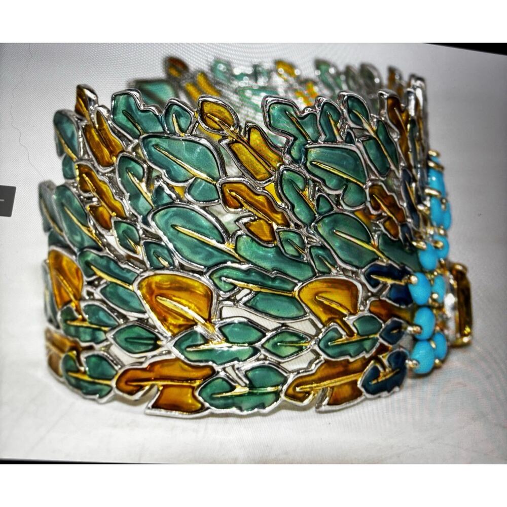 Plique a Jour Enamel/Turquoise/Citrine/Sterling CUFF/BRACELET Signed NH - Picture 4 of 5